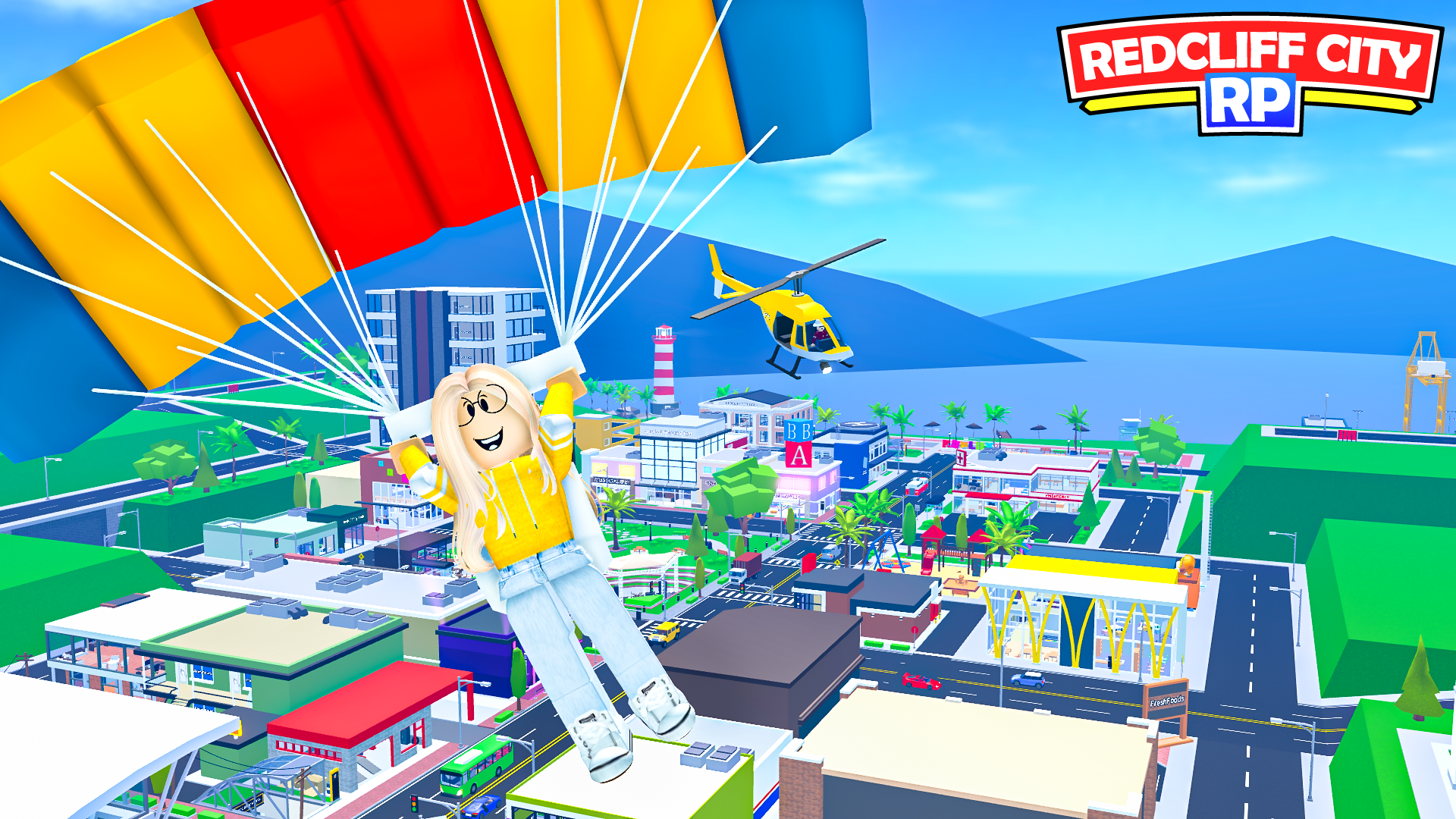 A player parachutes into the colorful seaside world of Redcliff City