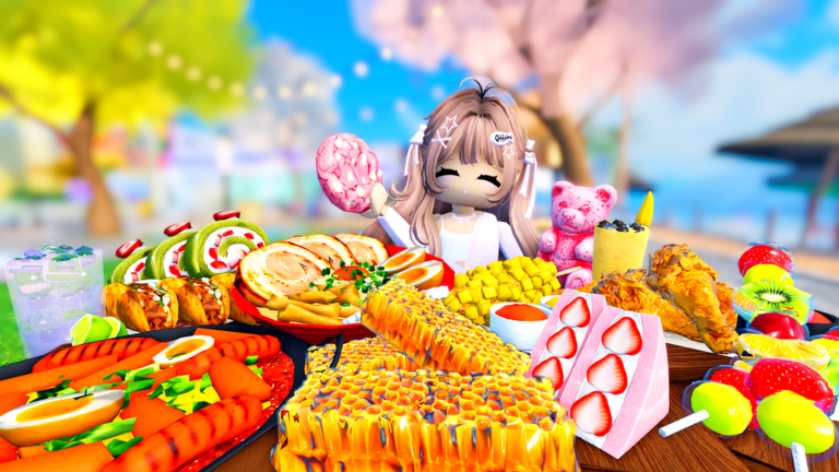 A Crazy Mukbang player with headphones sits behind colorful sushi, honeycomb, fruit, and sweet treats